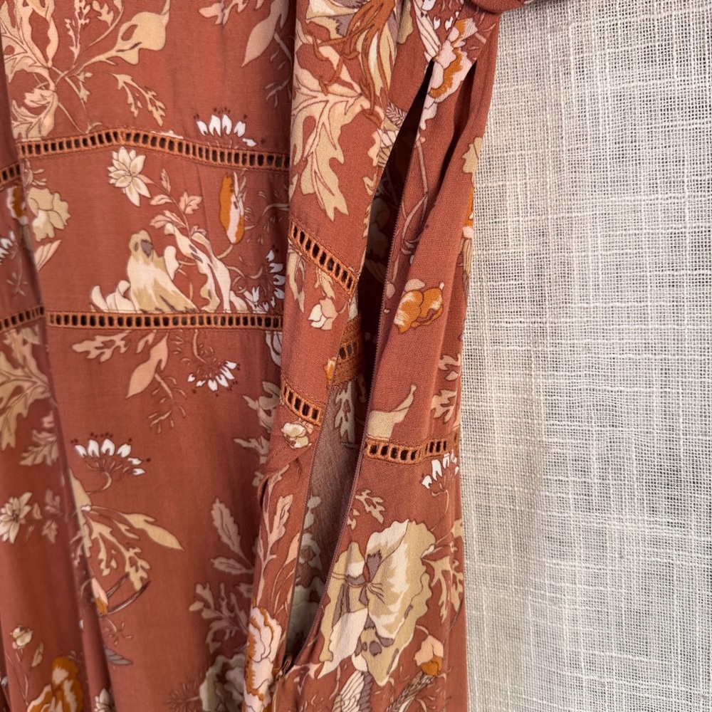 SPELL Rosa Garden Party Floral Bird Print Short Sleeve Midi Dress Camel Size L - Picture 7 of 11